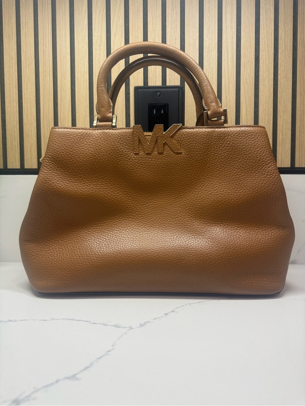 Michael Kors Tan Pebbled Leather Top-Handle Satchel with MK Emblem